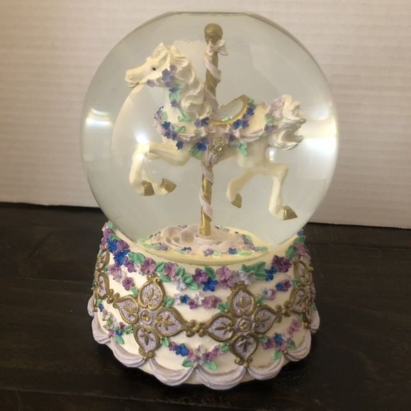1995 San Francisco Music Box Company Snow Globe Flowers Carousel Horse Vintage - Picture 2 of 11